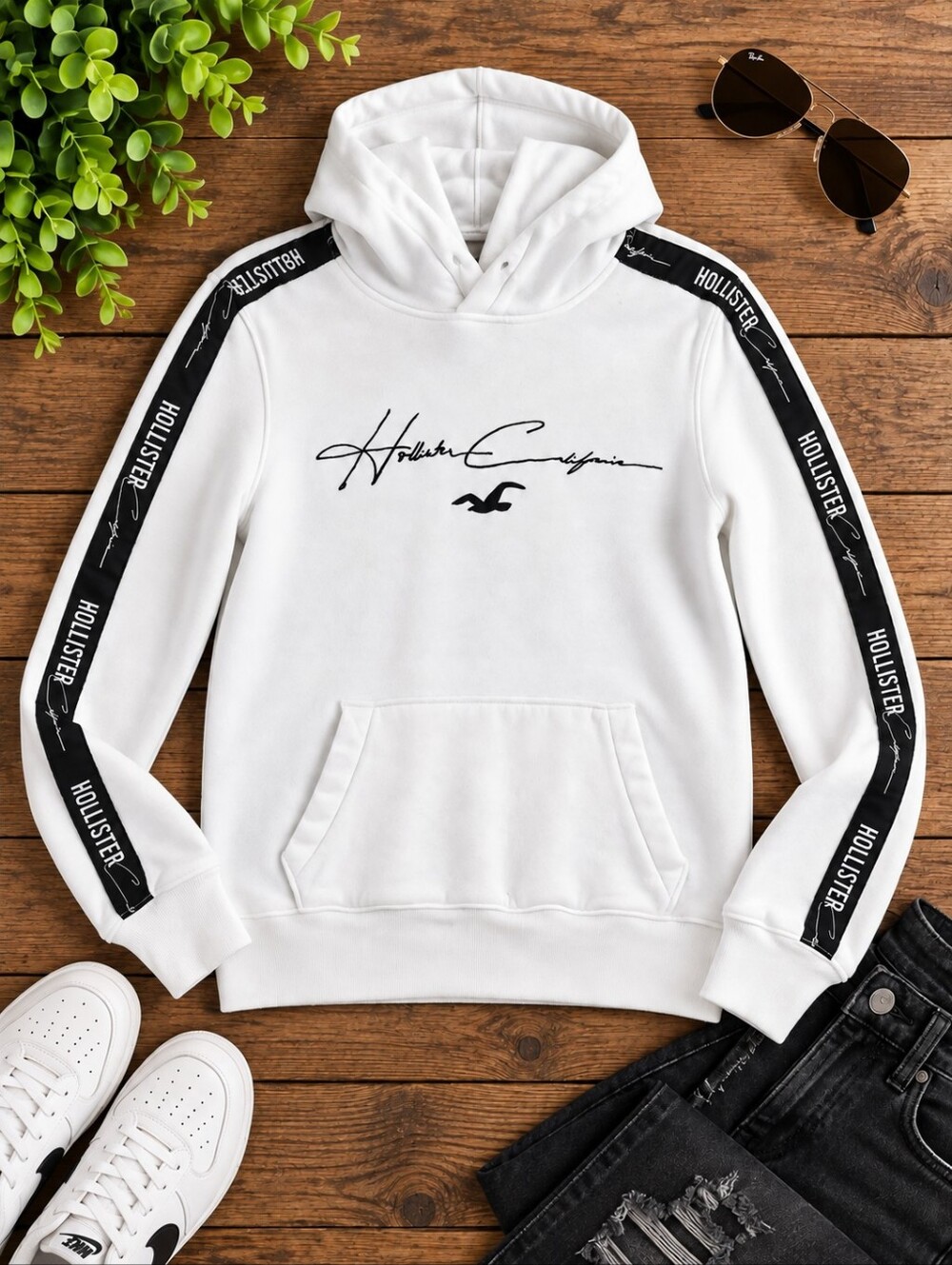 Hollister California White Logo Hoodie XS Black Logo Tape Sleeve Pullover
